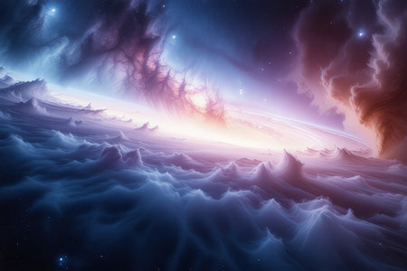 Fantasy space background with nebula and stars. 3D illustrationの素材