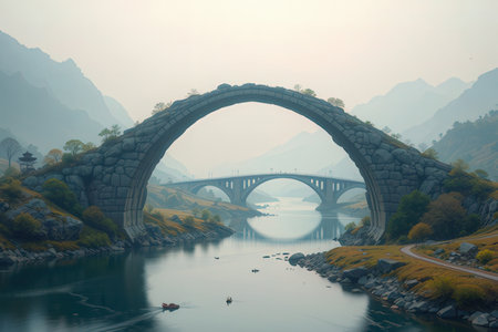 Mountain landscape with stone bridge in foggy morning, China.の写真素材