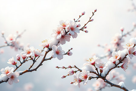Beautiful blooming branch of cherry tree with white flowers on sky backgroundの写真素材