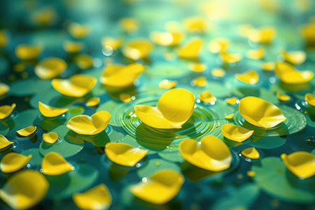 Beautiful yellow petals floating on water surface. Abstract background.の写真素材