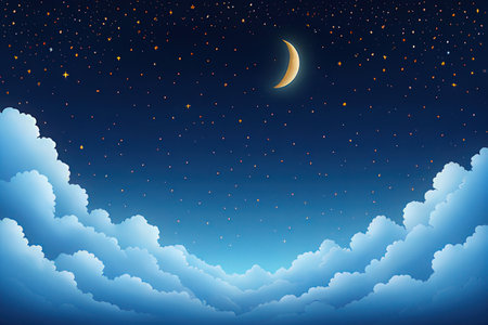 Night sky with clouds and moon. Vector illustration for your design.の素材