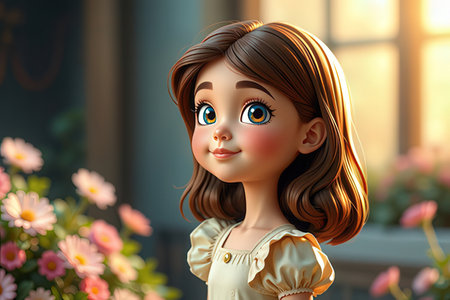 3d rendering of a cute little girl in a vintage dress.の写真素材