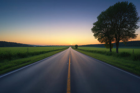Sunset on a country road with trees in the foreground and a blue skyの写真素材