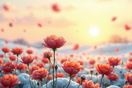 Beautiful red tulip flowers in the snow on sunset background.の写真素材