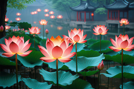 Lotus flower blooming in the pond with Chinese temple background.の写真素材