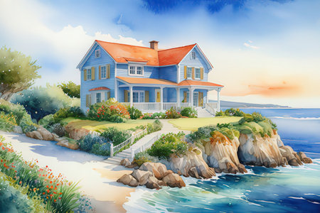 Beautiful house on the island in the sea. Vector illustration.の写真素材