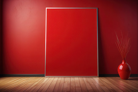 Red vase on wooden floor and red wall. Mock up, 3D Renderingの素材