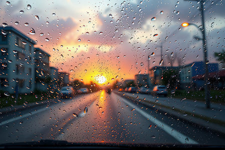 rain drops on the car glass with blur road and cityscape backgroundの素材