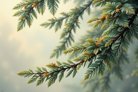 Fir tree branches on blurred background, tonedの素材