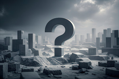 Question mark on a background of the city. 3D rendering.の素材