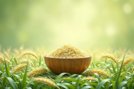Rice seed in wooden bowl on green grass with bokeh backgroundの素材