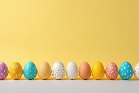 Colorful easter eggs on a yellow background with copy space.の素材