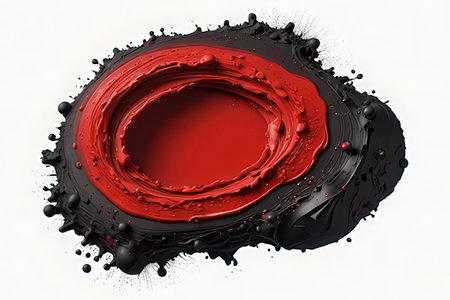 Black and red paint splash on white background. 3d render.の素材