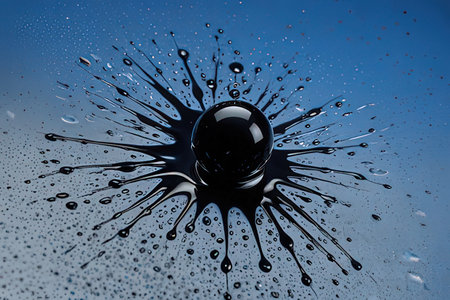 3D rendering of a black liquid splash on a blue background.の素材
