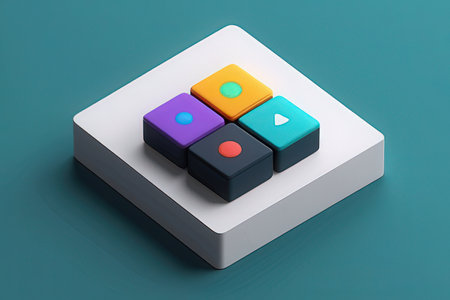 3d rendering of colorful cubes with play button in the middle.の素材