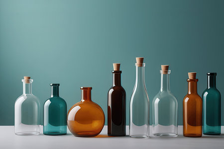 Different types of bottles on the table. 3d rendering mock upの素材