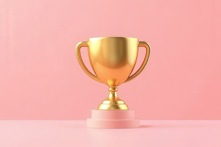Golden trophy cup on pink background. 3d render. Award conceptの素材