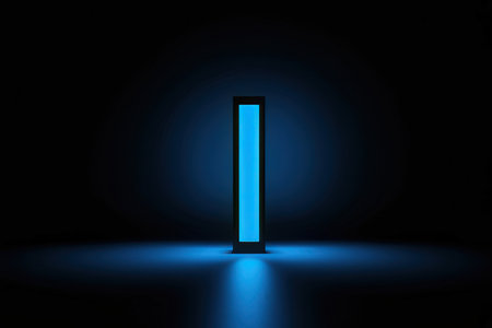 Blue glowing letter I in dark room. 3D Rendering.の素材