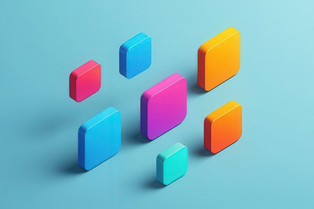 Colorful geometric shapes on a blue background. 3d rendering.の素材