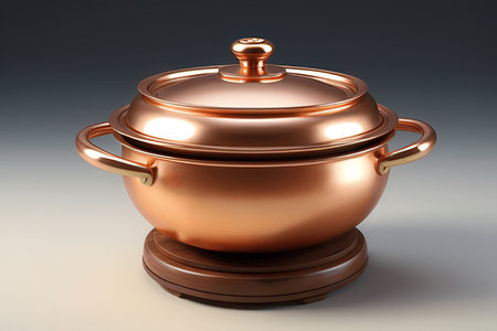 Copper cooking pot on a dark background. 3d renderの素材