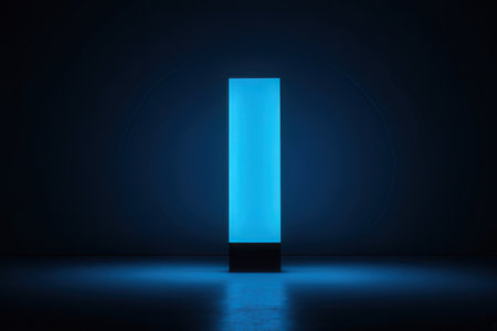 3d rendering of blue light in dark room with pedestal. Abstract background.の素材