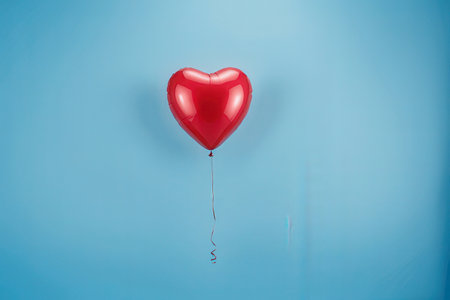 Red heart shaped balloon floating on blue background. Valentine's day concept.の素材