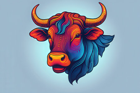 Vector illustration of the head of a bull on a blue background.の素材