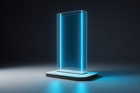 Glass showcase illuminated in blue light on dark background. 3D renderingの素材