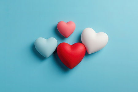 Red and white hearts on blue background. Valentine's day concept.の素材