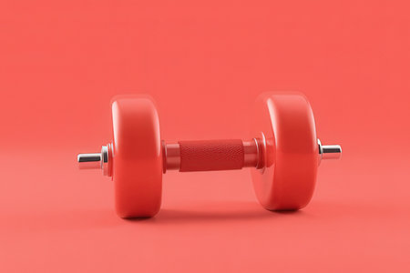 Red dumbbell on a red background. 3d render illustration.の素材
