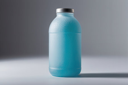 Blue plastic bottle on gray background. 3d rendering. Mock up.の素材