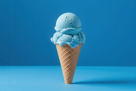 Blue ice cream in a waffle cone on a blue background.の素材