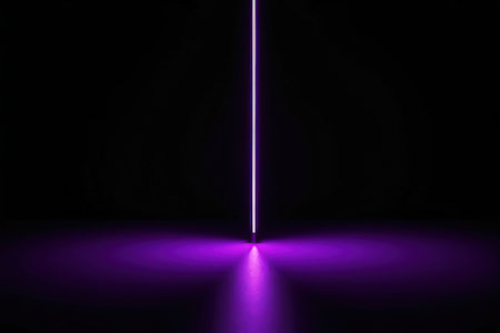 Purple laser beam on black background. 3d render illustration.の素材