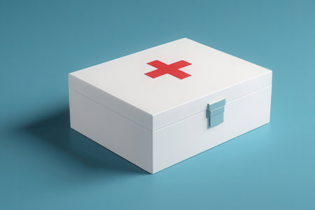 First aid box with red cross on blue background. 3d illustrationの素材