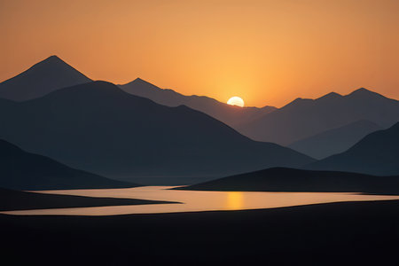 Sunset over the lake, Ladakh, Jammu and Kashmir, Indiaの素材