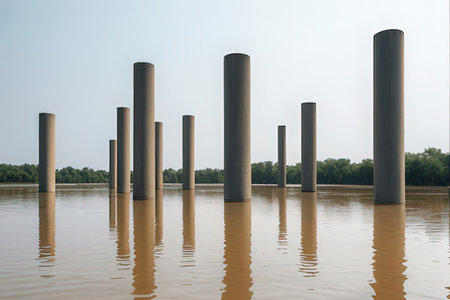 Concrete pillars in the flood waters of the Mekong River.の素材