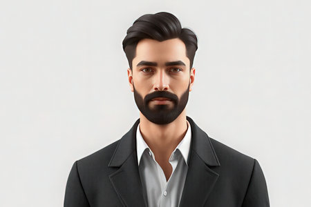 Portrait of handsome bearded young man in black suit on white backgroundの素材
