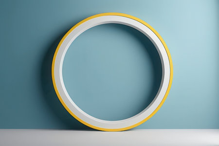 Round frame on blue wall background. 3d render illustration mock upの素材