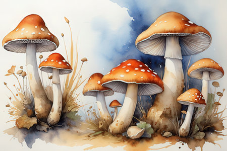 mushrooms on a background of autumn landscape, watercolor illustrationの素材