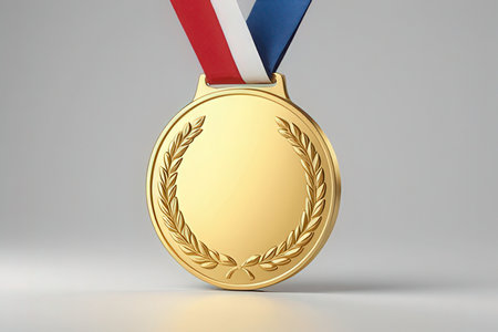 Gold medal with ribbons on gray background. 3D rendering.の素材