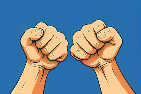 Illustration of two hands clenched into a fist in the air on a blue backgroundの素材