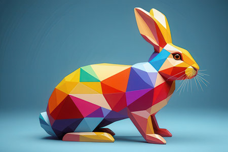 Colorful low poly easter bunny on blue background 3D renderingの素材