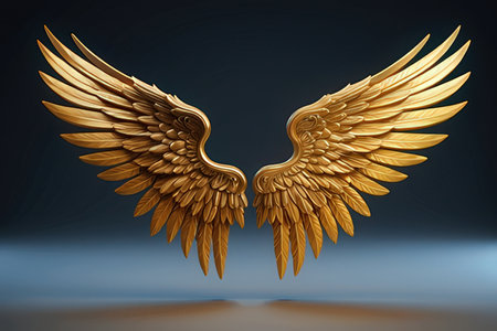 3d rendering of a pair of golden wings on a dark backgroundの素材