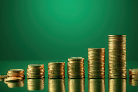 Stacks of coins on green background, business and finance concept.の素材