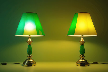Two vintage table lamps on a green background. 3d rendering.の素材