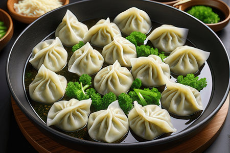 Plate with tasty steamed dumplings on table, closeupの素材