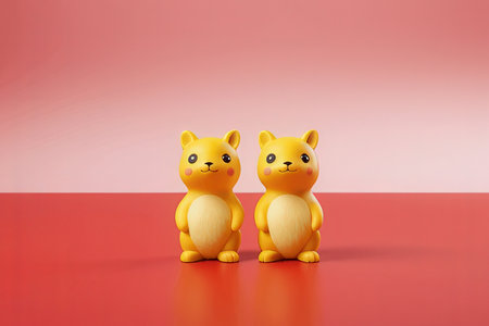 Couple of yellow bear figurine on red background, 3d renderingの素材
