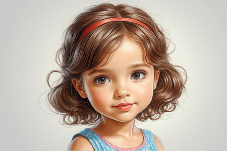 Portrait of a cute little girl with long curly hair on gray backgroundの素材