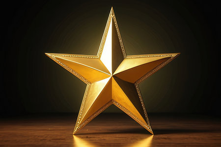 golden star on wooden table and dark background, 3d renderの素材