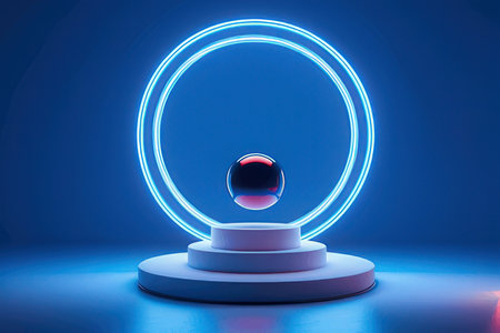 3d render, abstract background, round podium, neon light.の素材